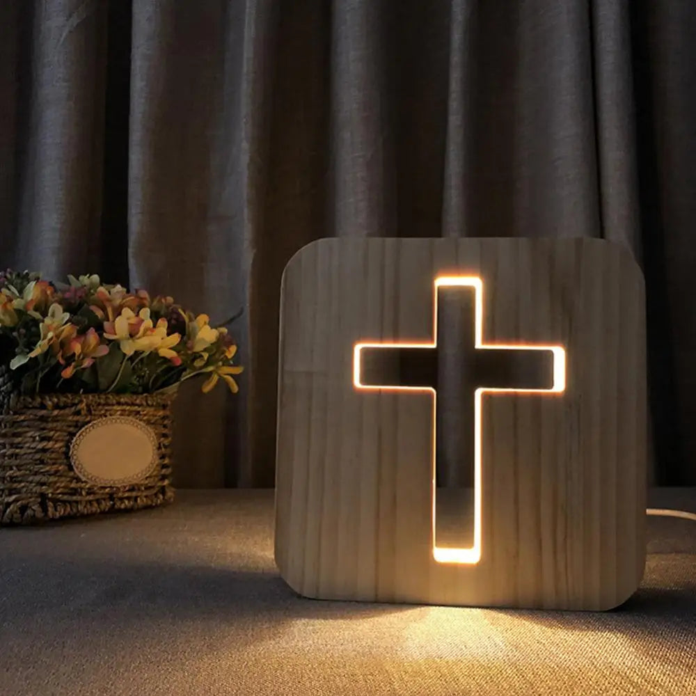Wooden Christian cross LED night light with USB, compact and elegant for peaceful home or office decor