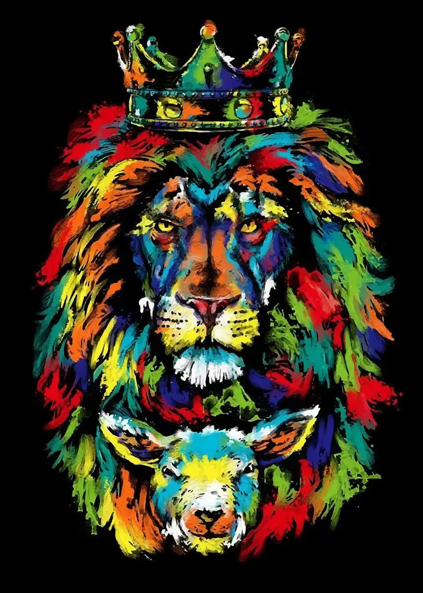 Framed Colorful Lion and Lamb Canvas on Black Background – Christian Wall Art Featuring Jesus, the Lion of Judah and the Lamb of God