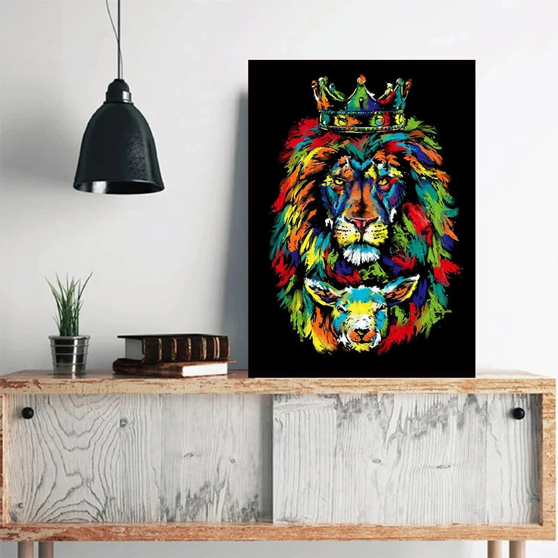 Framed Colorful Lion and Lamb Canvas on Black Background – Christian Wall Art Featuring Jesus, the Lion of Judah and the Lamb of God