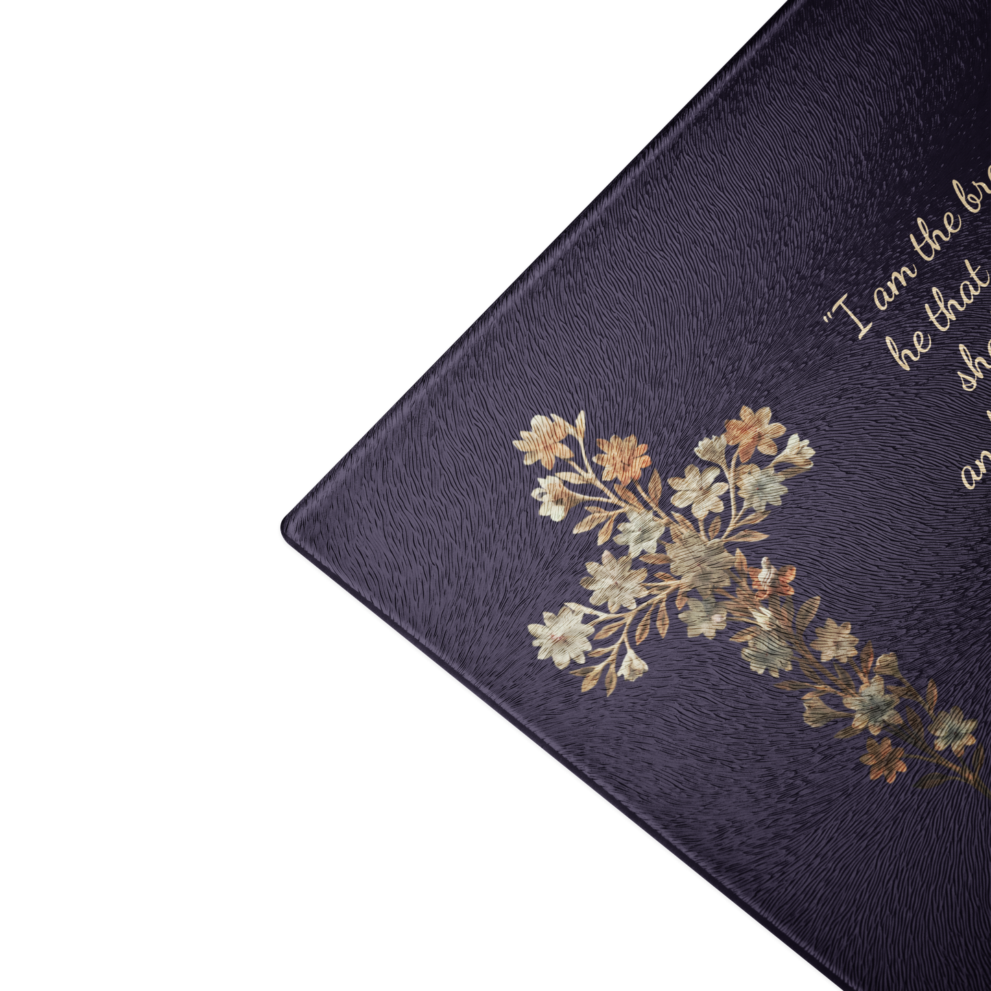 Premium Glass Cutting Board featuring a delicate floral cross and the inspirational quote that our Lord is the Bread of Life