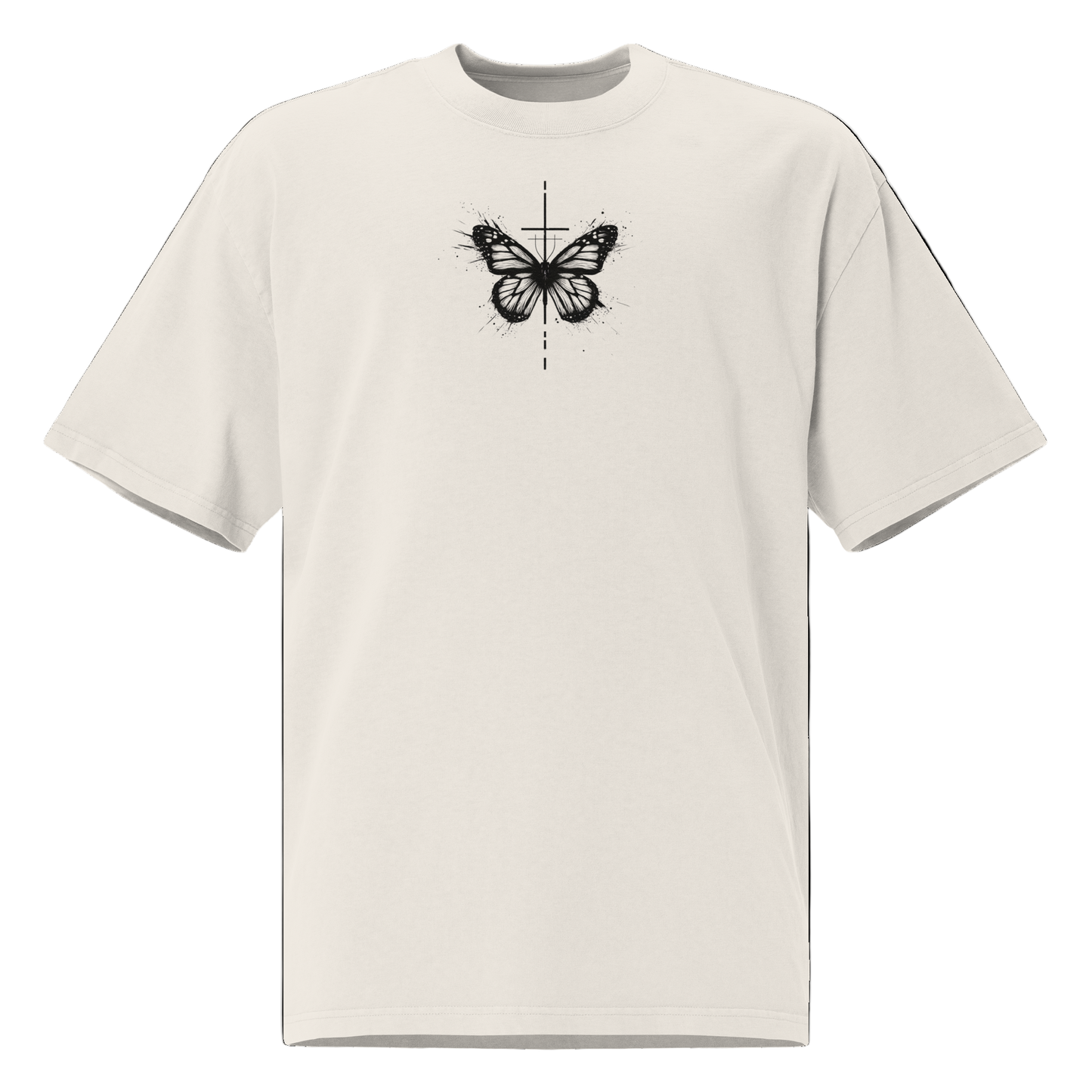 Oversized faded t-shirt with butterfly and cross in a minimalist artistic style