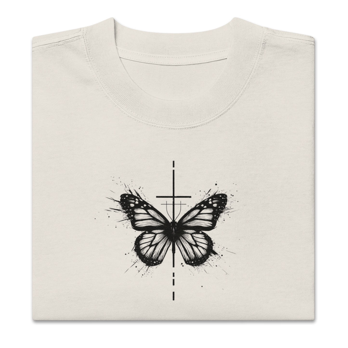 Oversized faded t-shirt with butterfly and cross in a minimalist artistic style