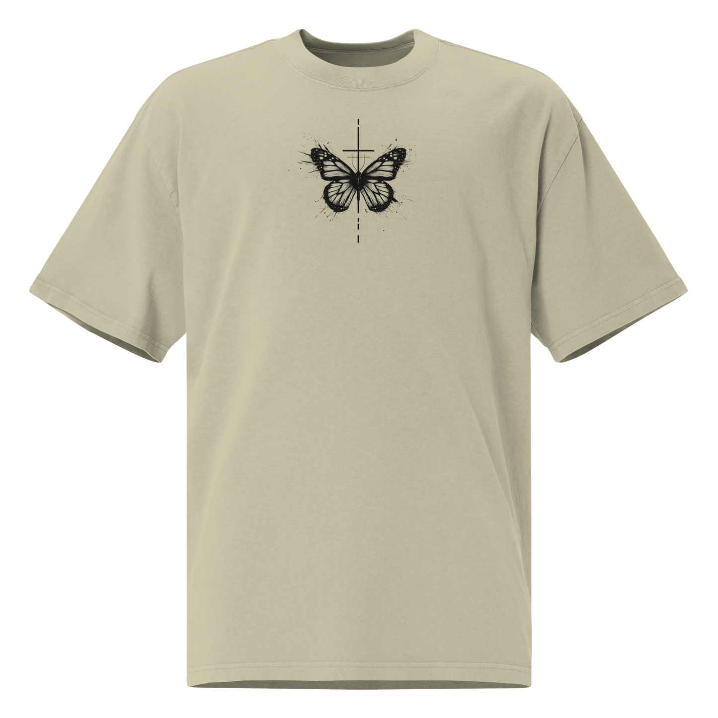 Oversized faded t-shirt with butterfly and cross in a minimalist artistic style