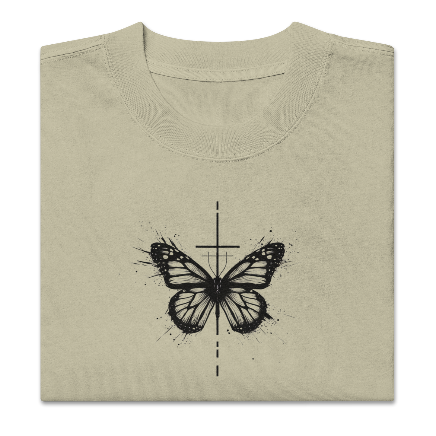 Oversized faded t-shirt with butterfly and cross in a minimalist artistic style