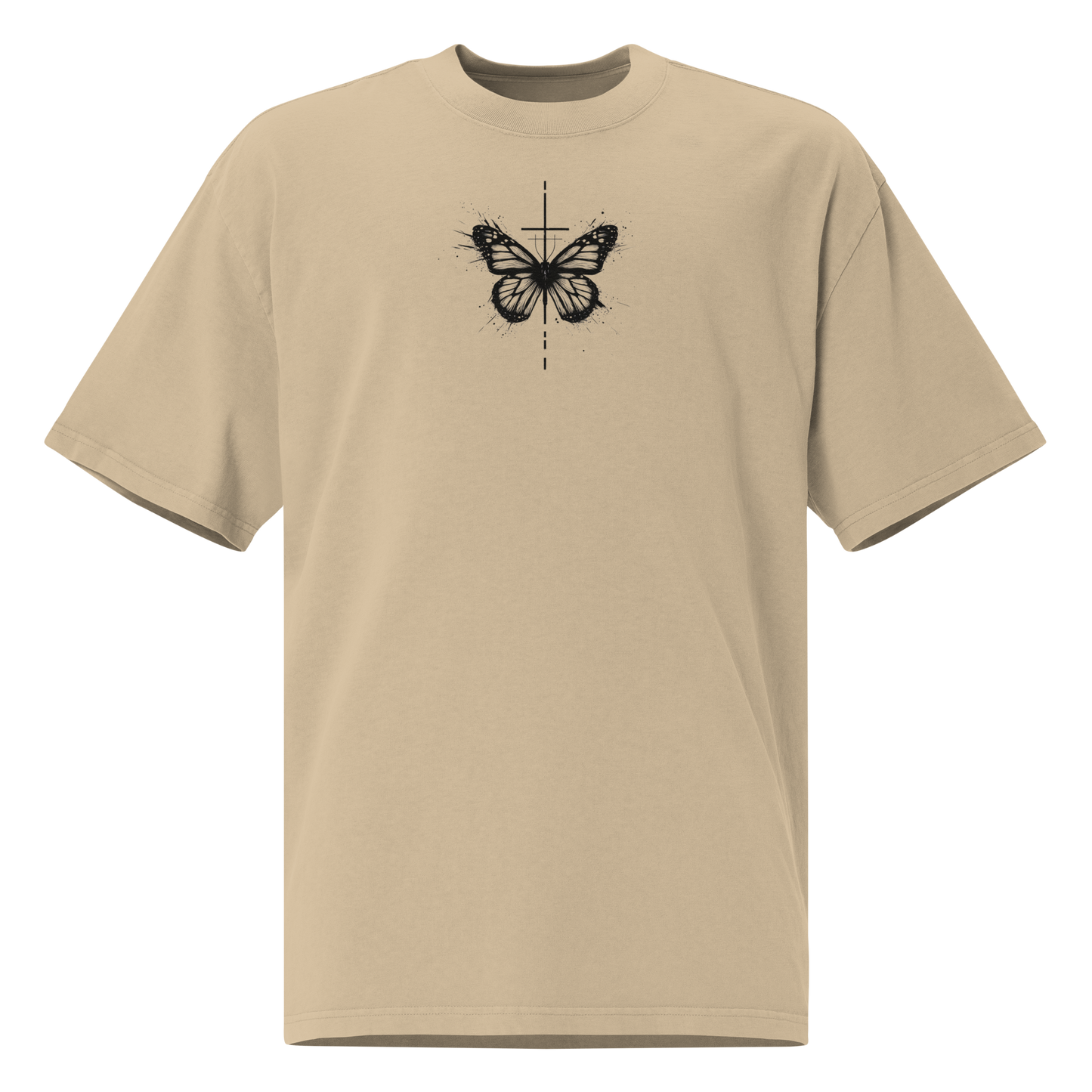 Oversized faded t-shirt with butterfly and cross in a minimalist artistic style