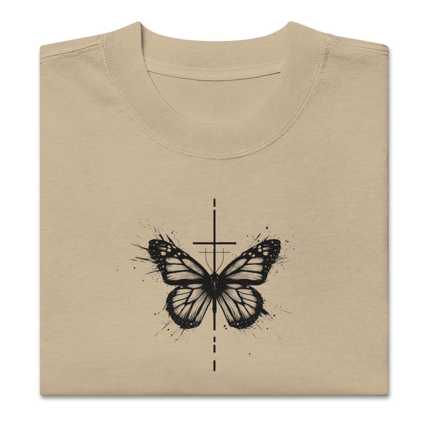 Oversized faded t-shirt with butterfly and cross in a minimalist artistic style