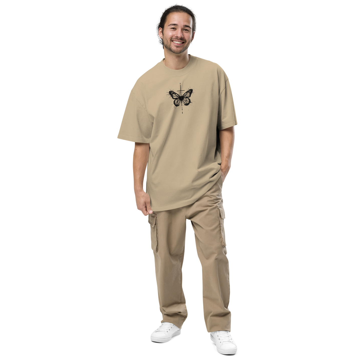 Oversized faded t-shirt with butterfly and cross in a minimalist artistic style