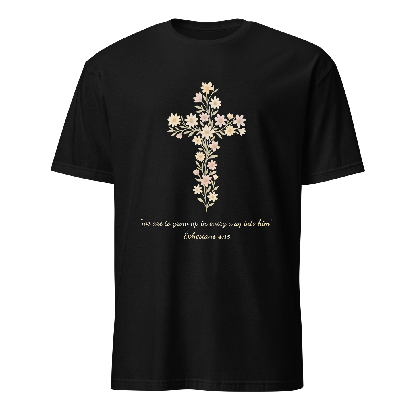 Short-Sleeve Unisex T-Shirt with Floral Cross and Scripture Quote
