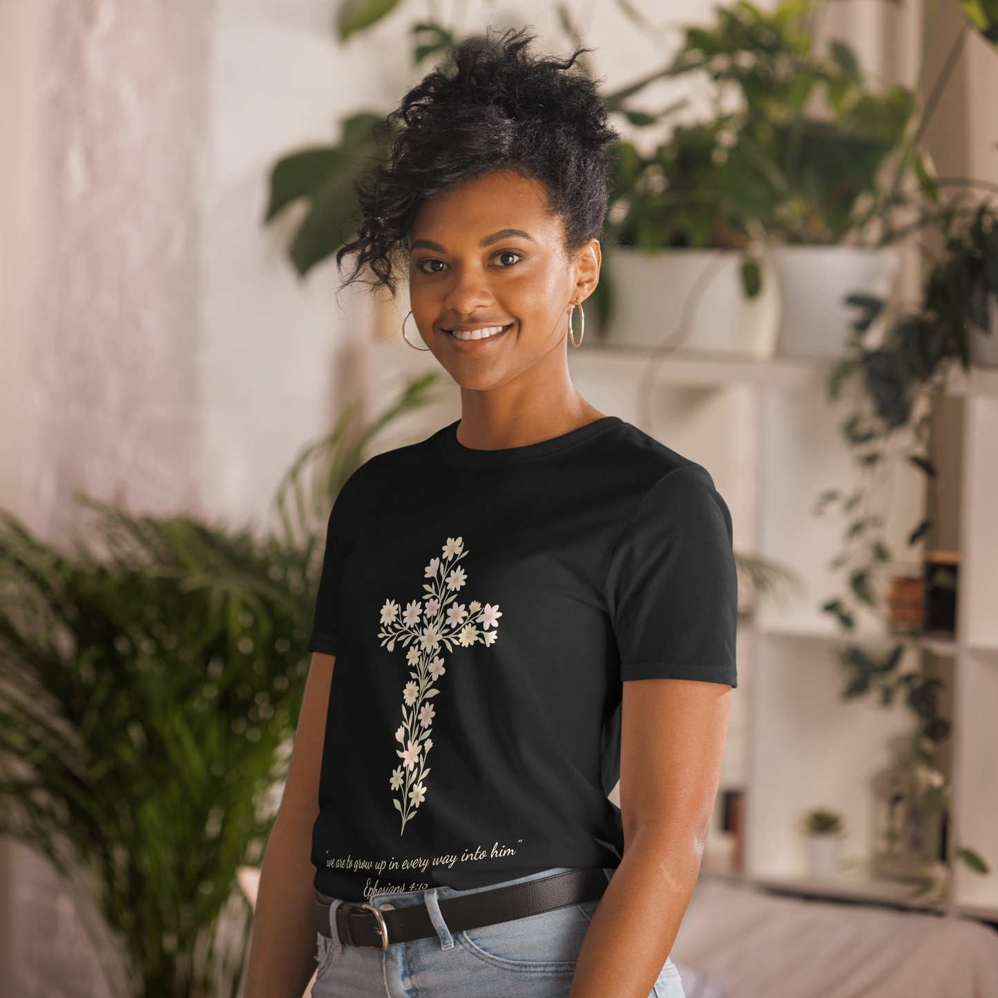 Short-Sleeve Unisex T-Shirt with Floral Cross and Scripture Quote