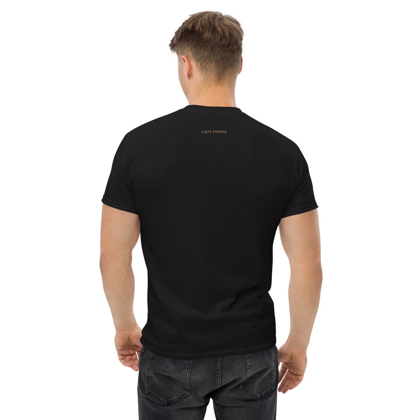 Classic unisex tee with JESUS in an elegant cut serif font and a scripture verse