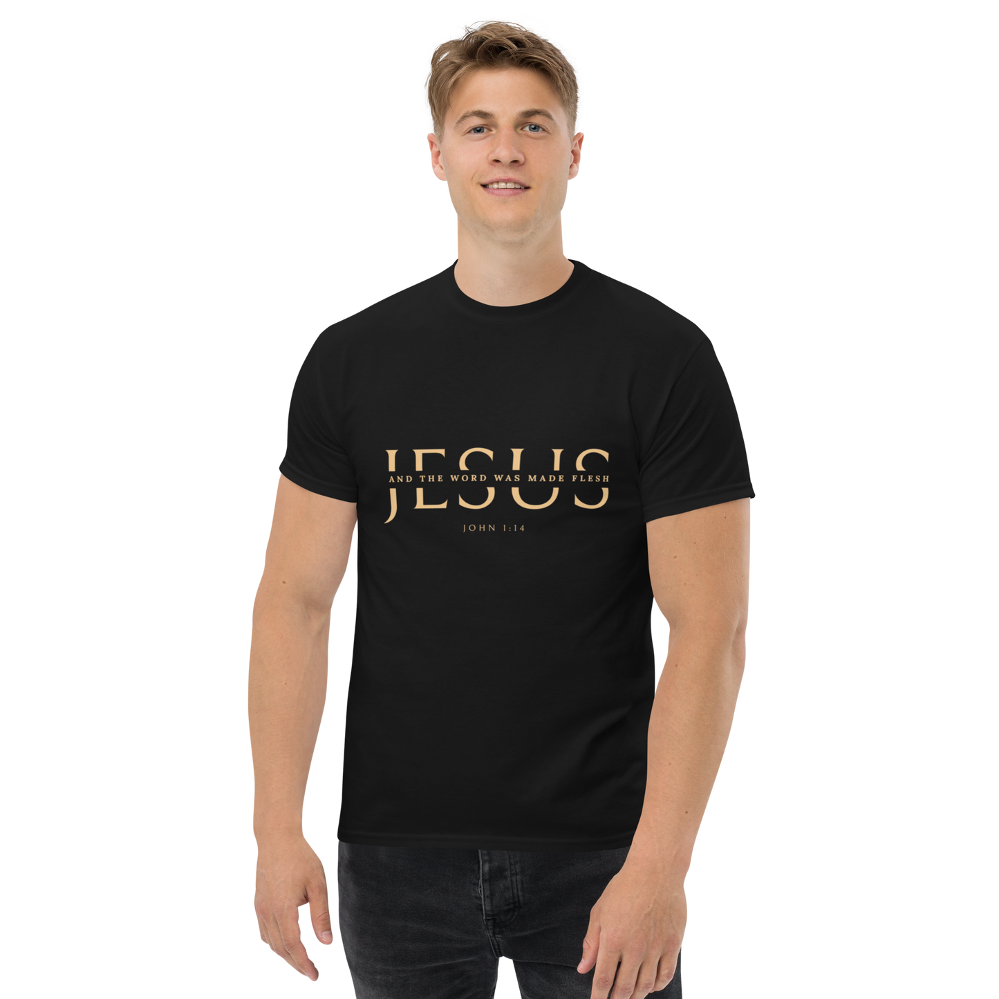 Classic unisex tee with JESUS in an elegant cut serif font and a scripture verse