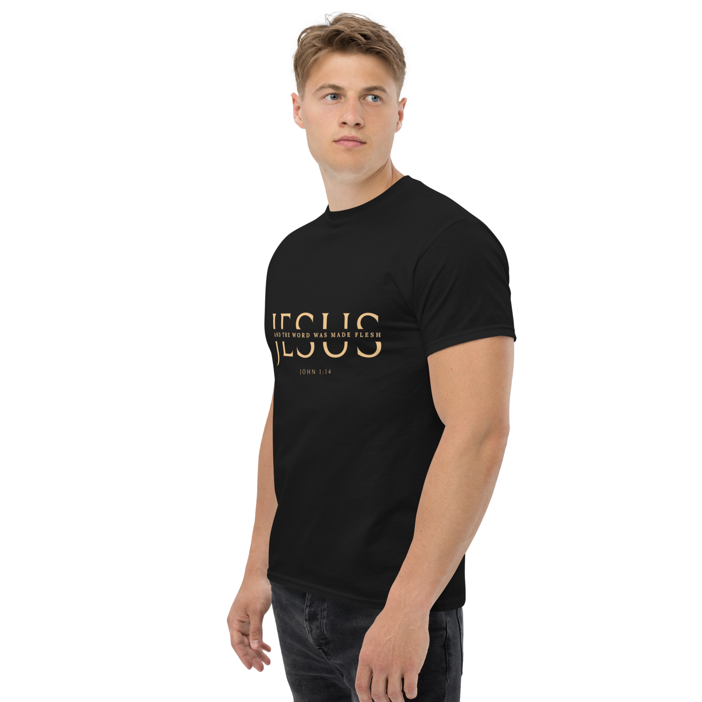 Classic unisex tee with JESUS in an elegant cut serif font and a scripture verse
