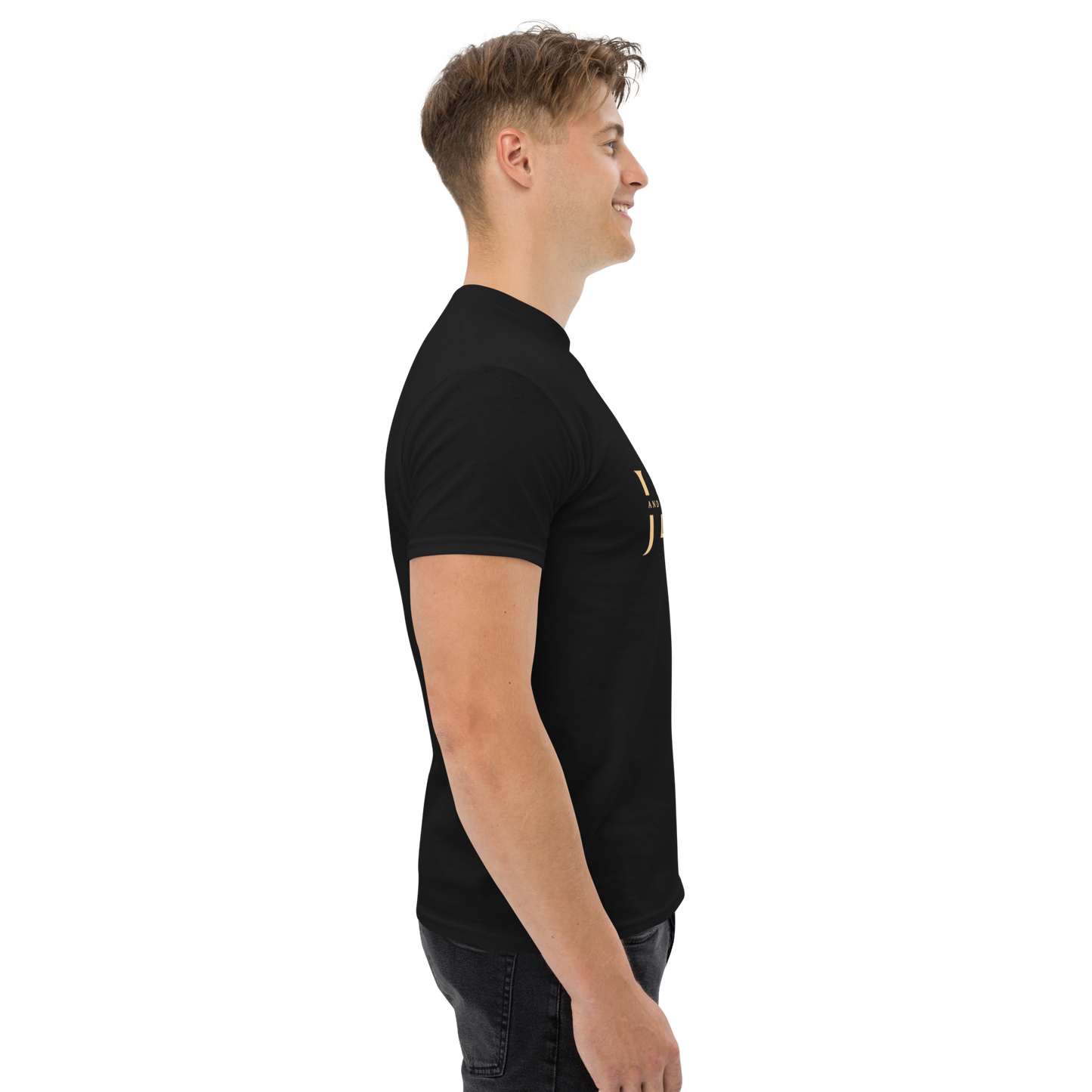 Classic unisex tee with JESUS in an elegant cut serif font and a scripture verse
