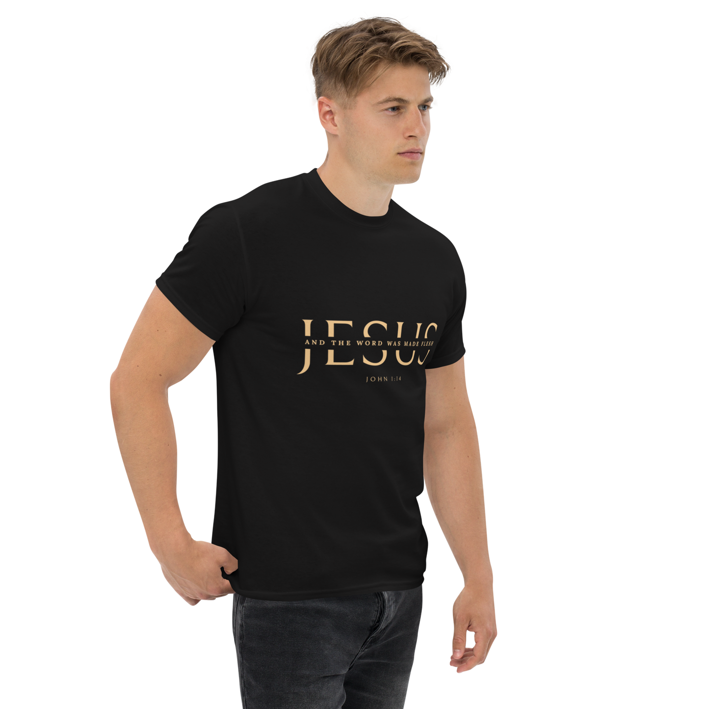 Classic unisex tee with JESUS in an elegant cut serif font and a scripture verse