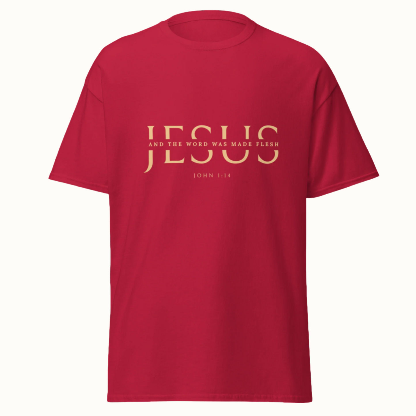 Classic unisex tee with JESUS in an elegant cut serif font and a scripture verse