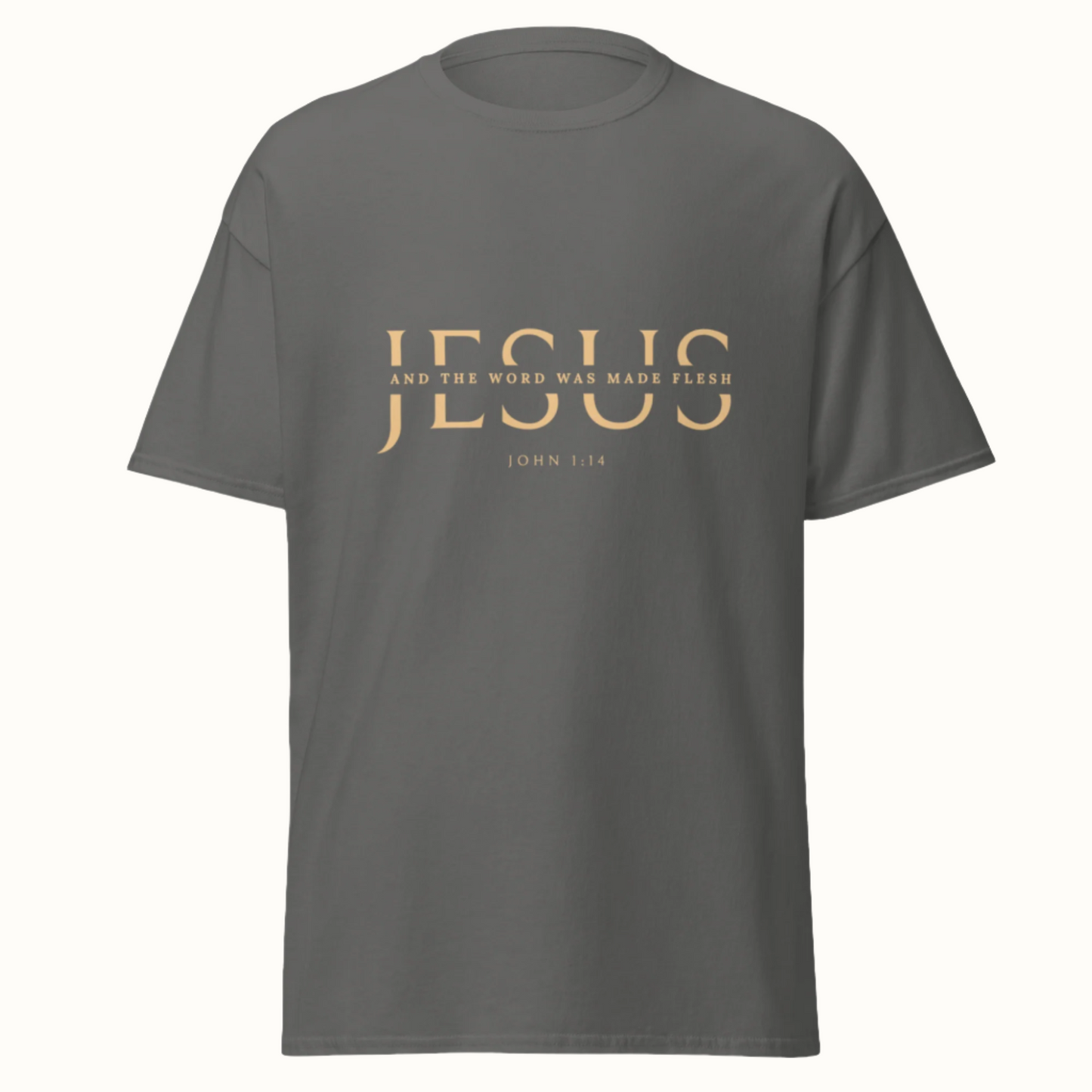 Classic unisex tee with JESUS in an elegant cut serif font and a scripture verse