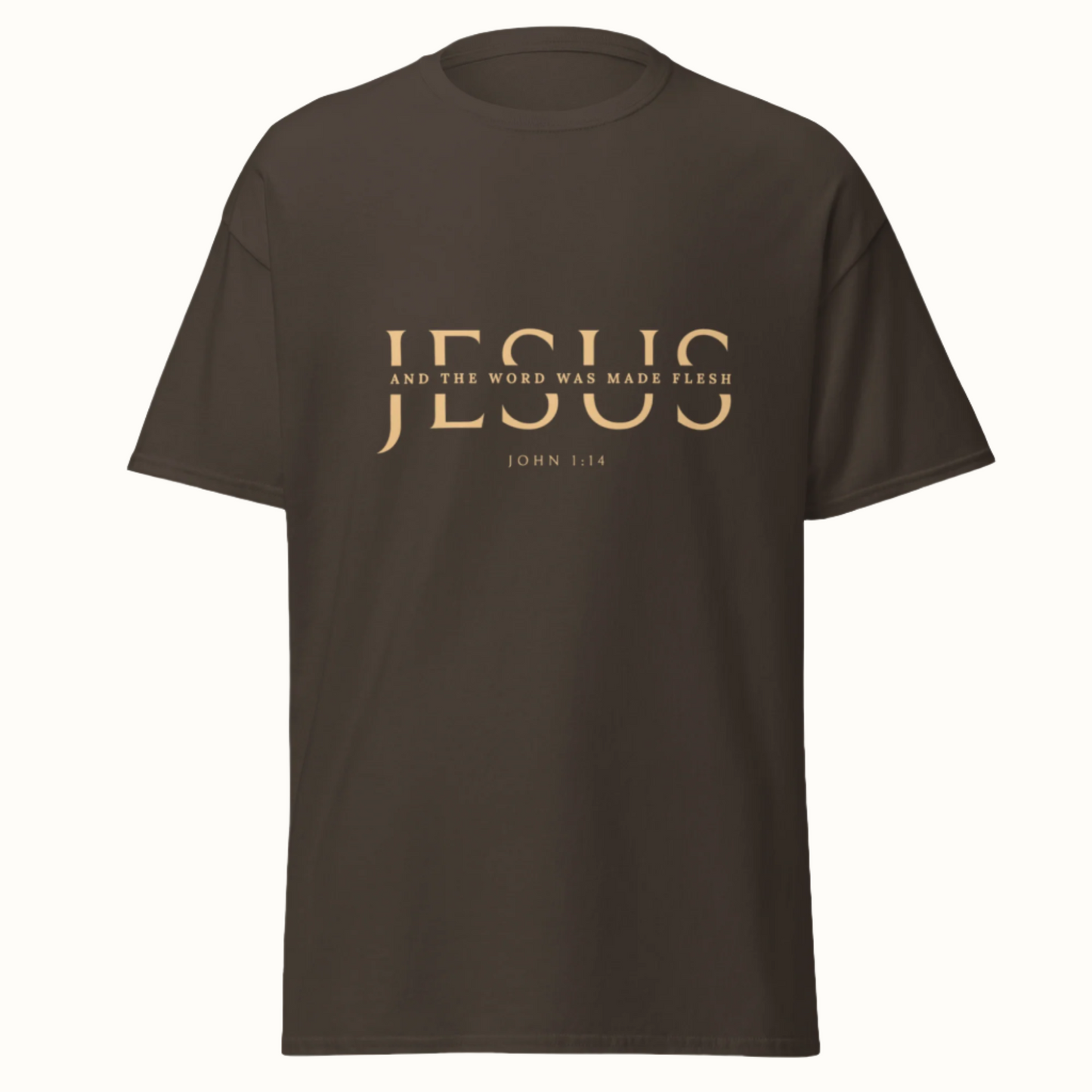 Classic unisex tee with JESUS in an elegant cut serif font and a scripture verse
