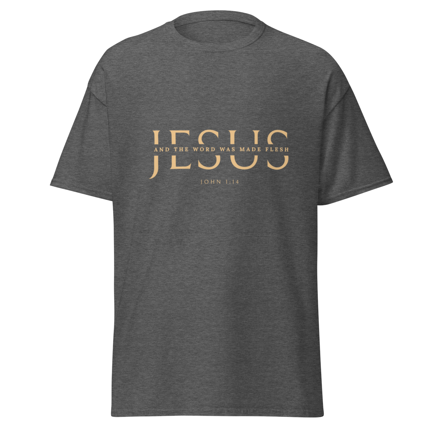 Classic unisex tee with JESUS in an elegant cut serif font and a scripture verse