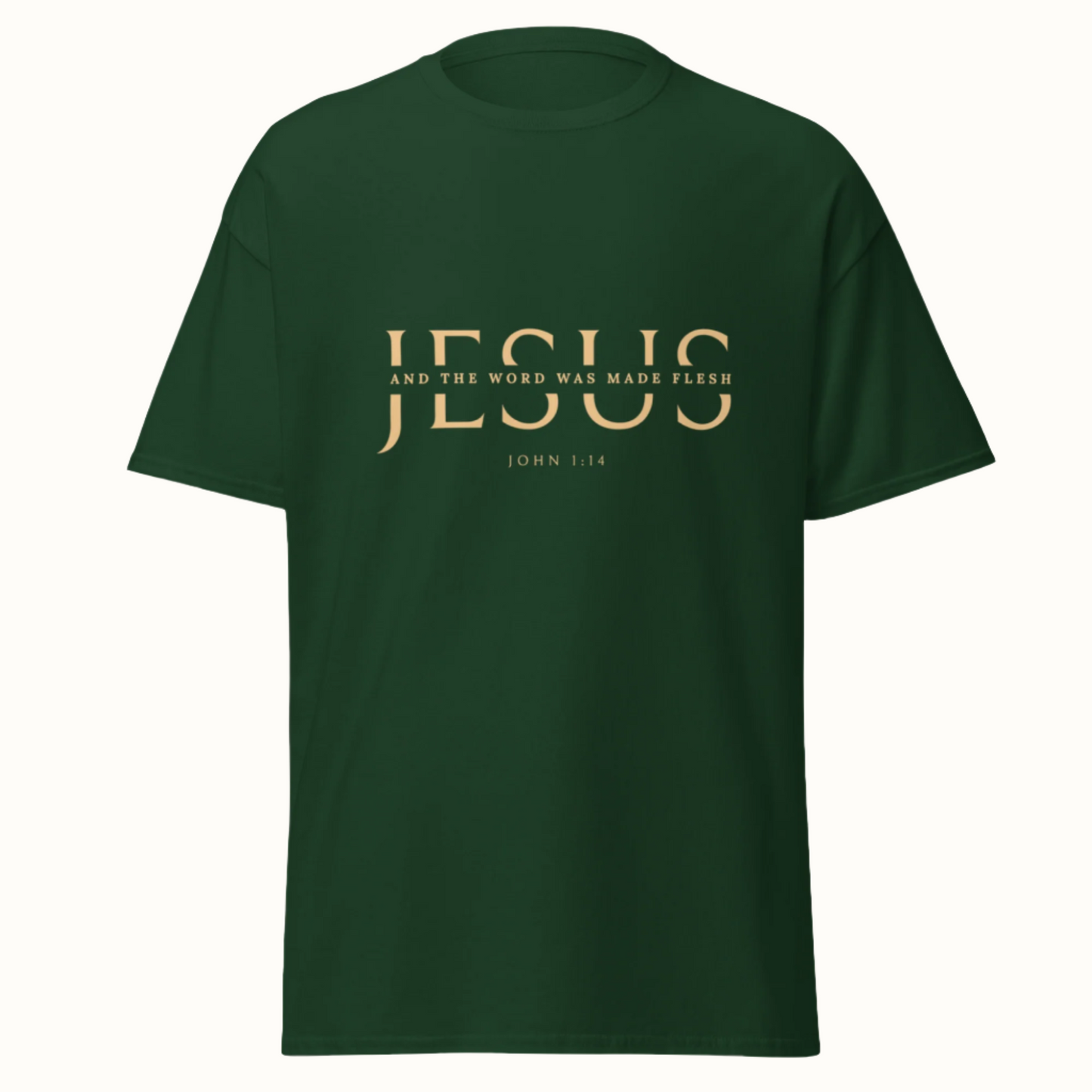 Classic unisex tee with JESUS in an elegant cut serif font and a scripture verse