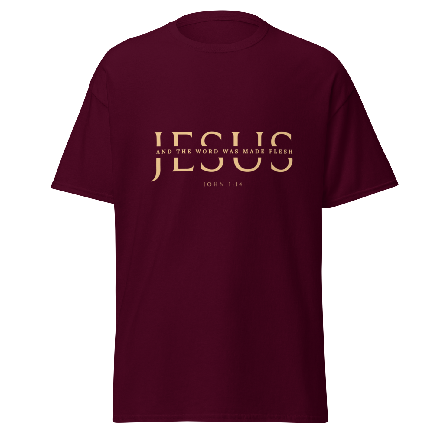 Classic unisex tee with JESUS in an elegant cut serif font and a scripture verse