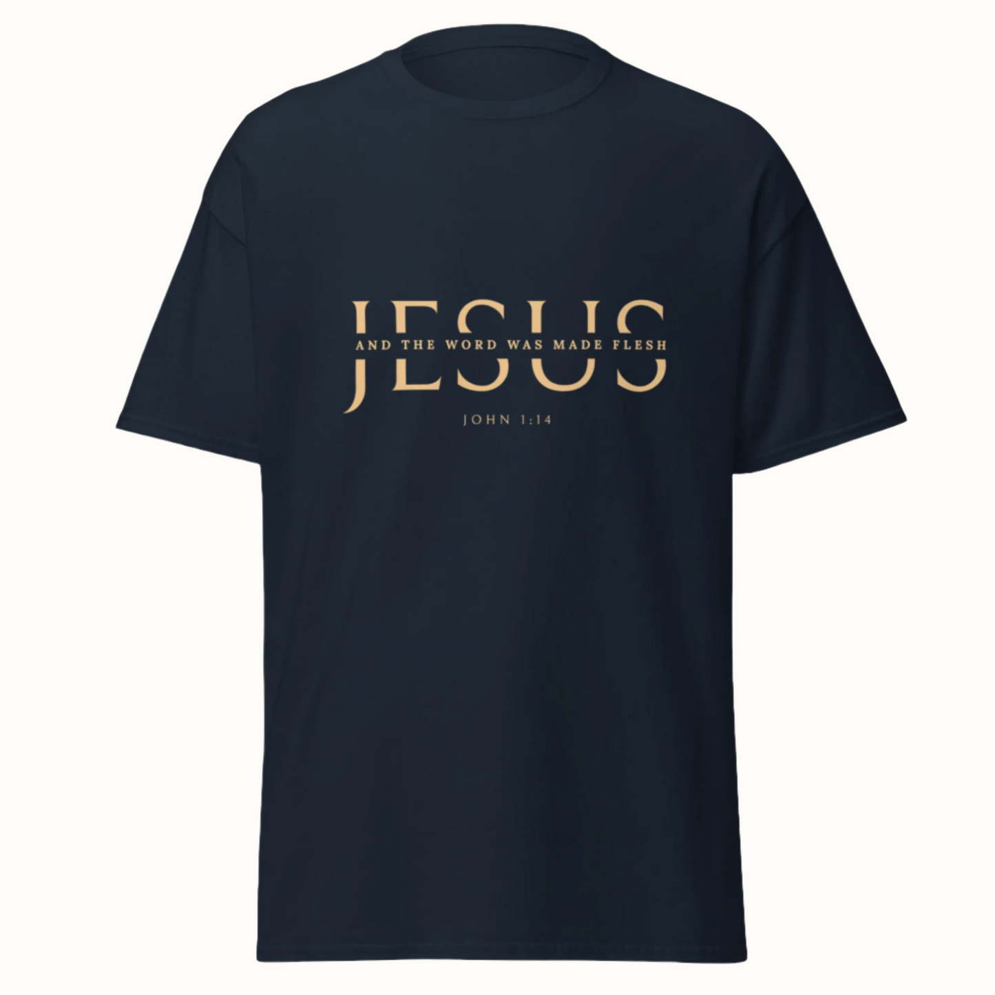 Classic unisex tee with JESUS in an elegant cut serif font and a scripture verse