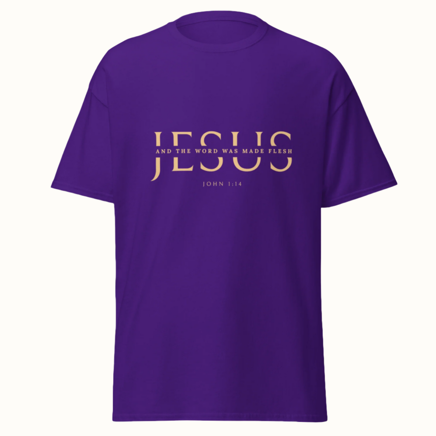 Classic unisex tee with JESUS in an elegant cut serif font and a scripture verse