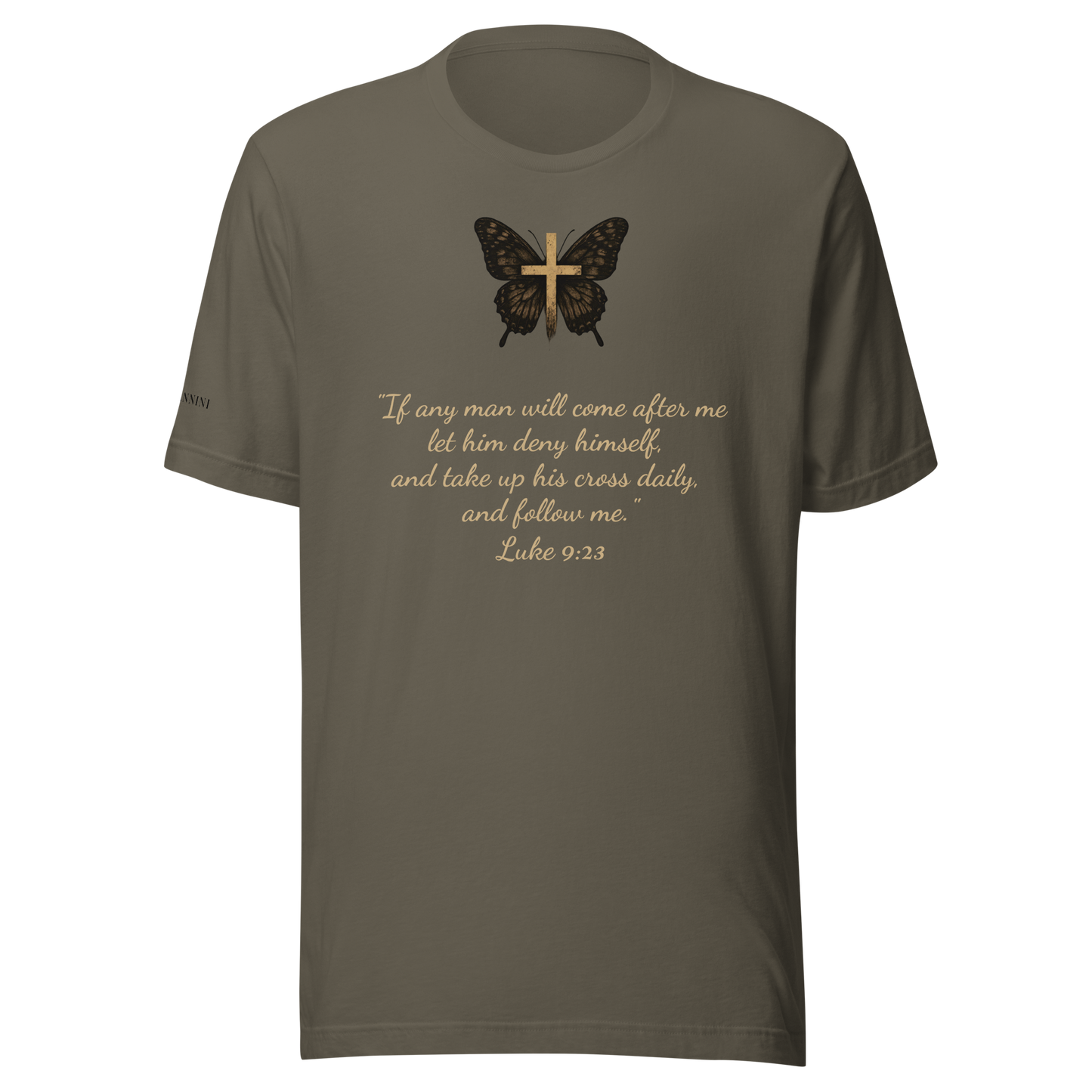Unisex T-Shirt with Butterfly Bearing the Cross and a Call to Follow the Savior