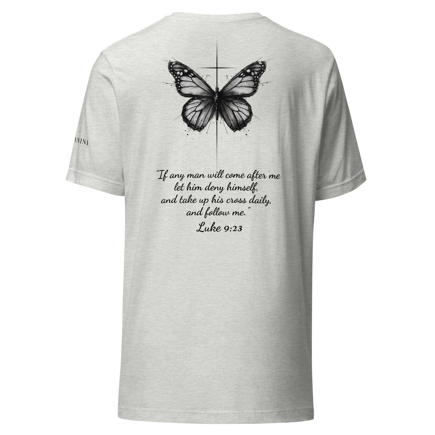 Unisex t-shirt with butterfly and cross in a minimalist artistic style and a scripture verse