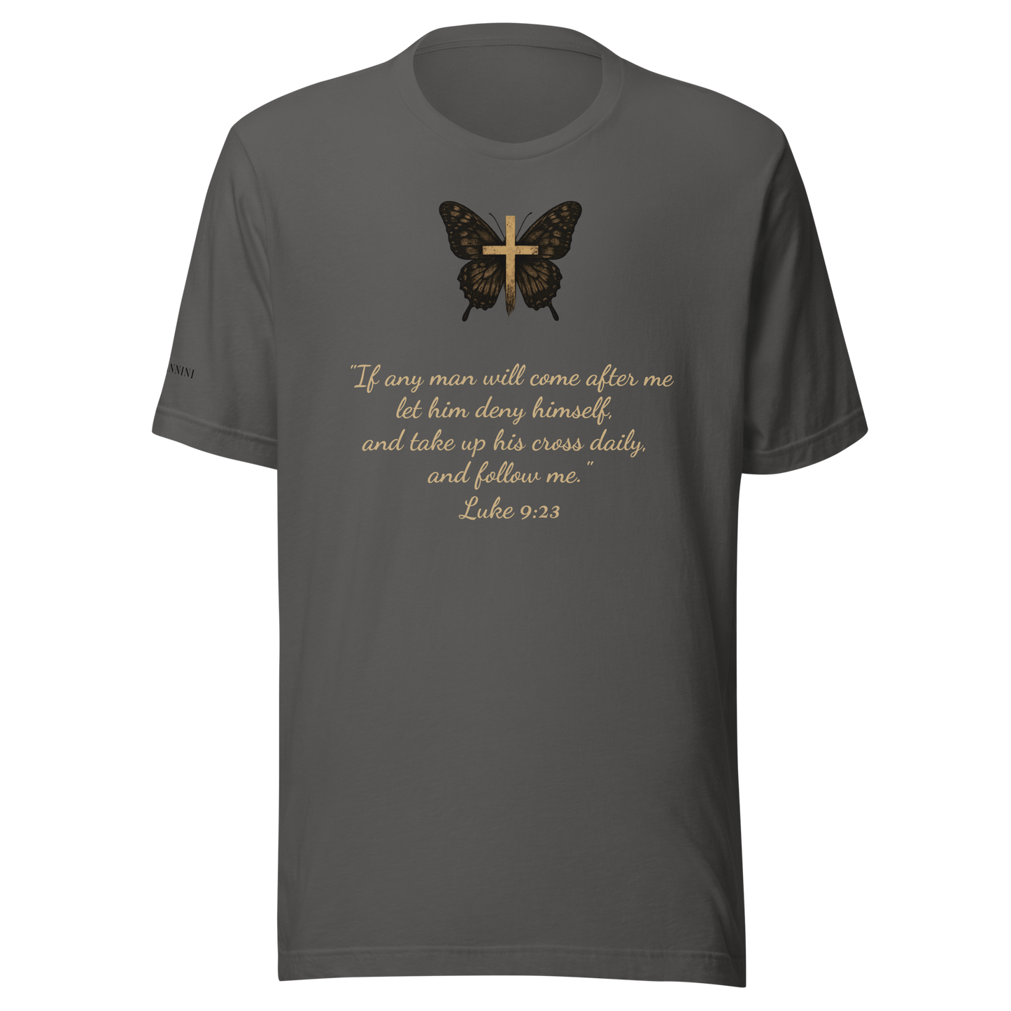 Unisex T-Shirt with Butterfly Bearing the Cross and a Call to Follow the Savior