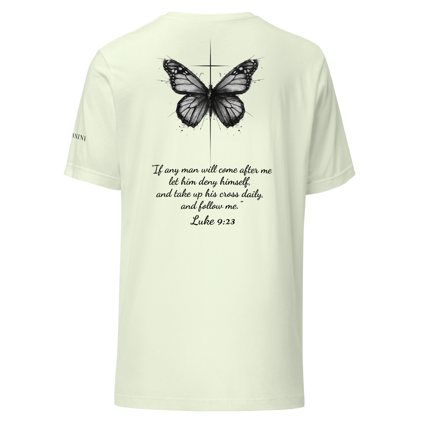 Unisex t-shirt with butterfly and cross in a minimalist artistic style and a scripture verse