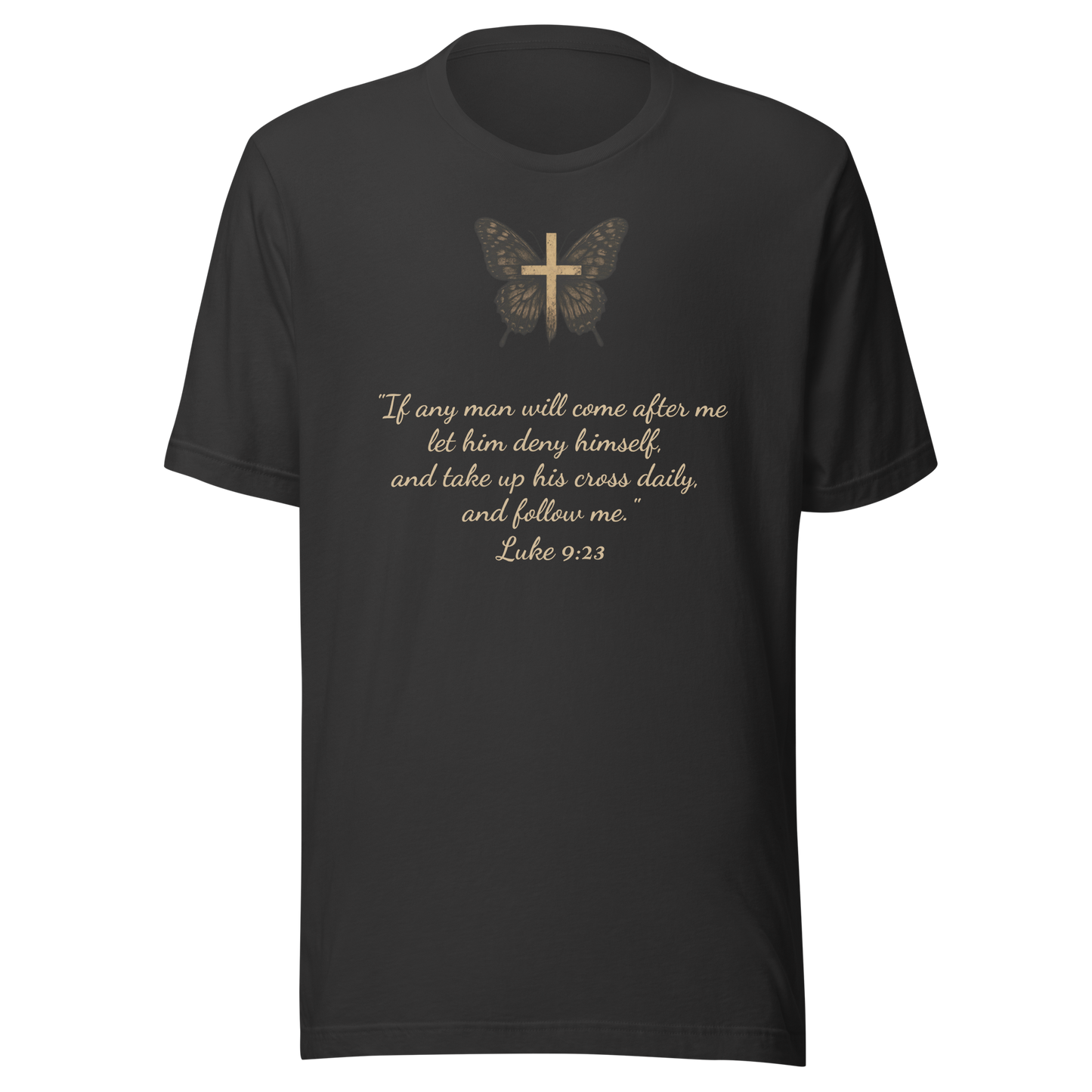 Unisex T-Shirt with Butterfly Bearing the Cross and a Call to Follow the Savior