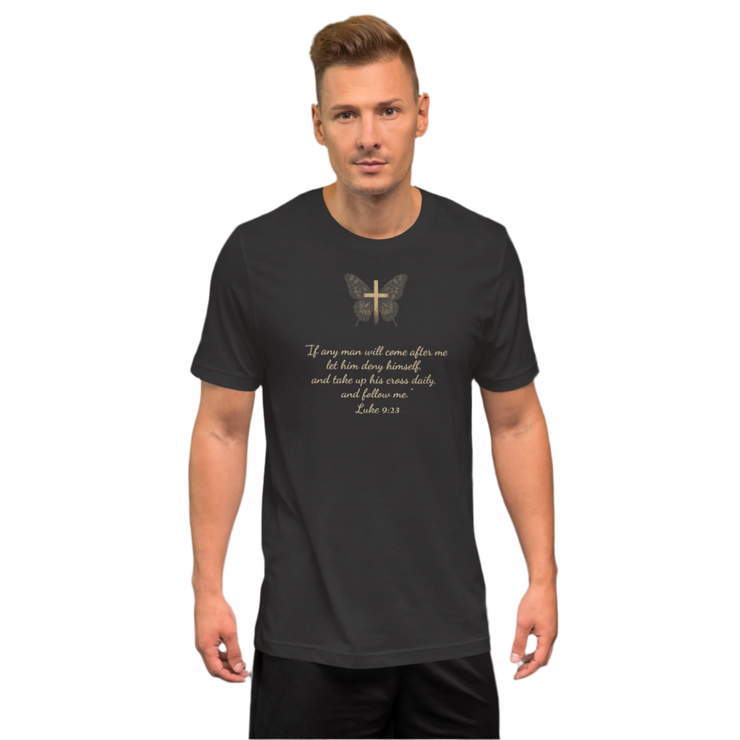 Unisex T-Shirt with Butterfly Bearing the Cross and a Call to Follow the Savior