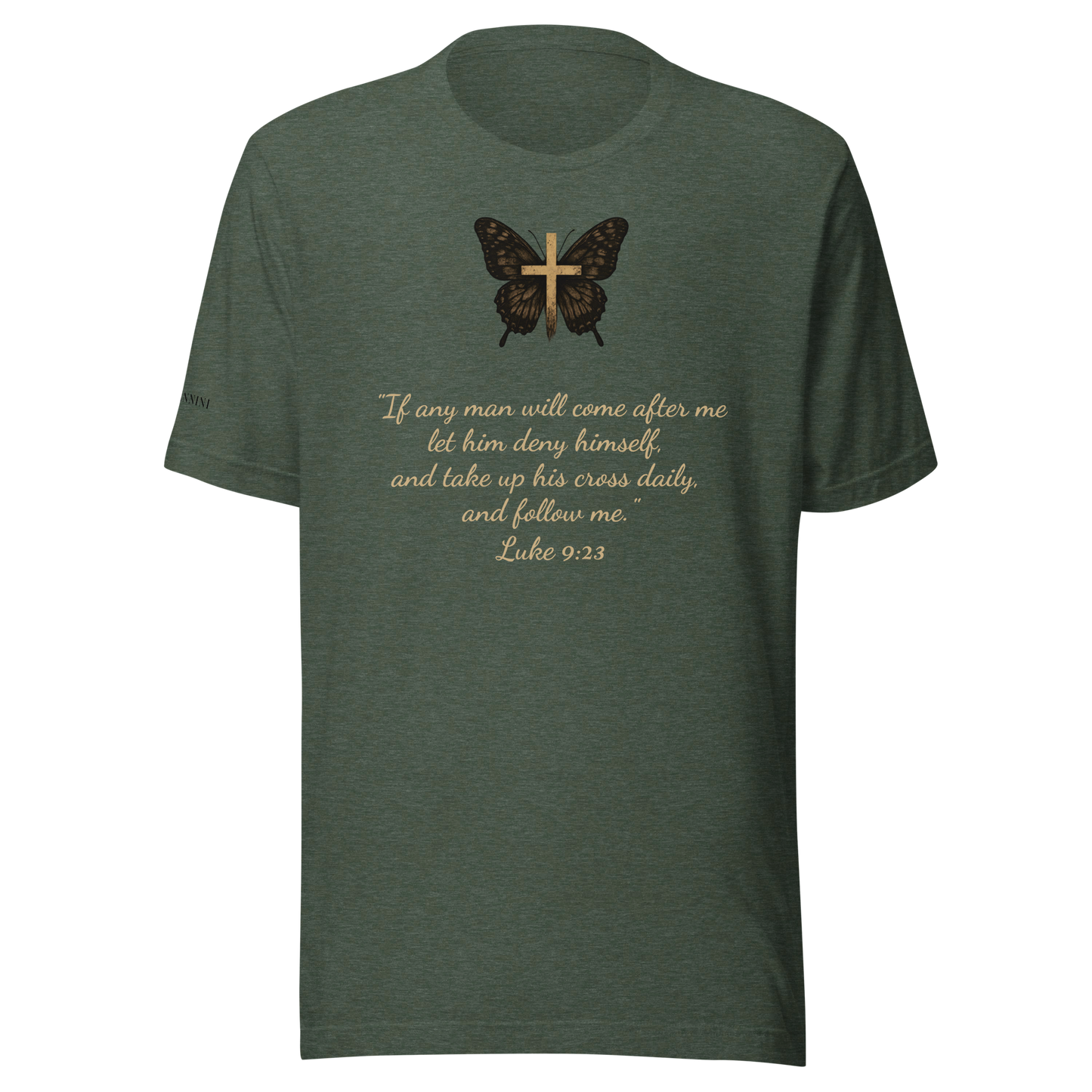 Unisex T-Shirt with Butterfly Bearing the Cross and a Call to Follow the Savior