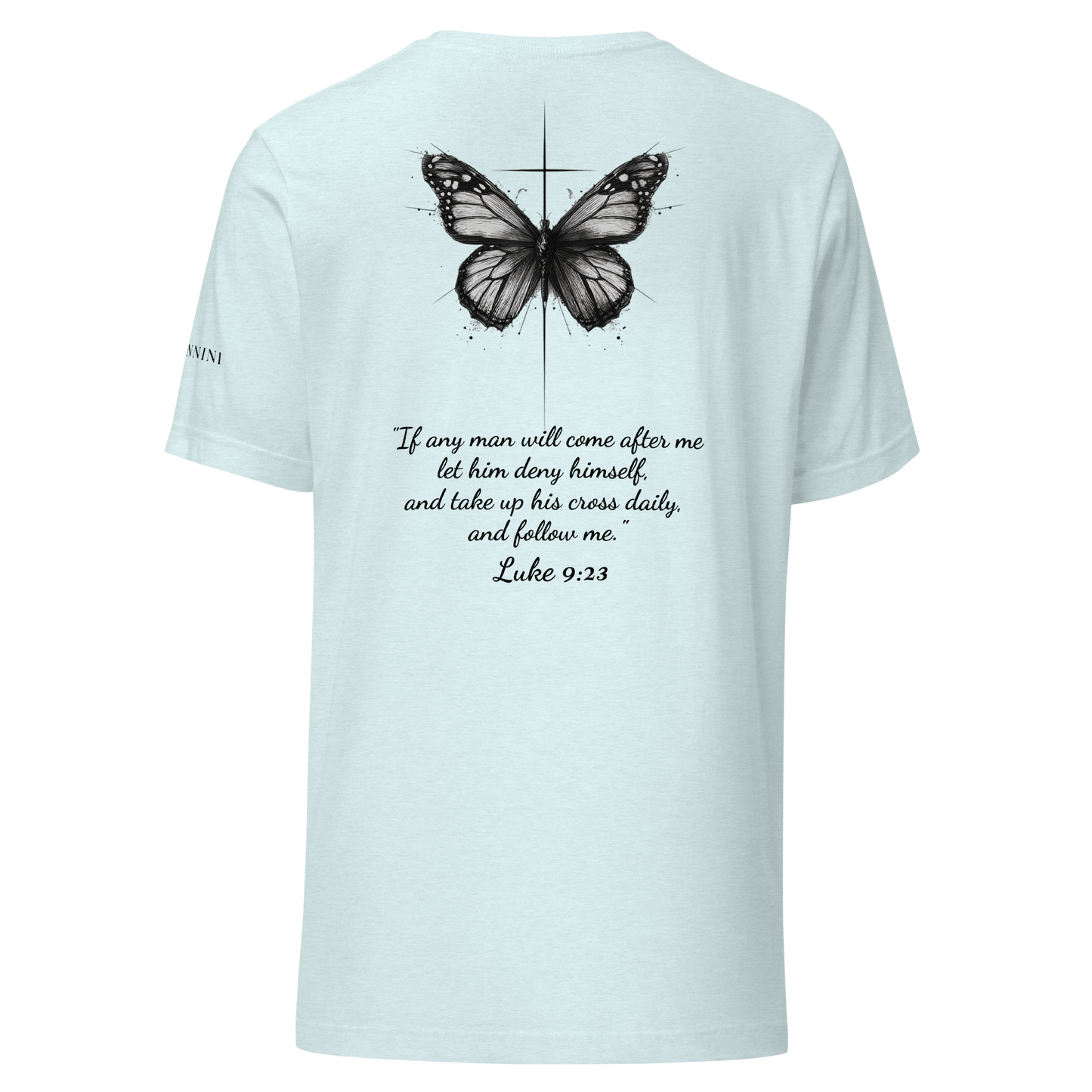 Unisex t-shirt with butterfly and cross in a minimalist artistic style and a scripture verse