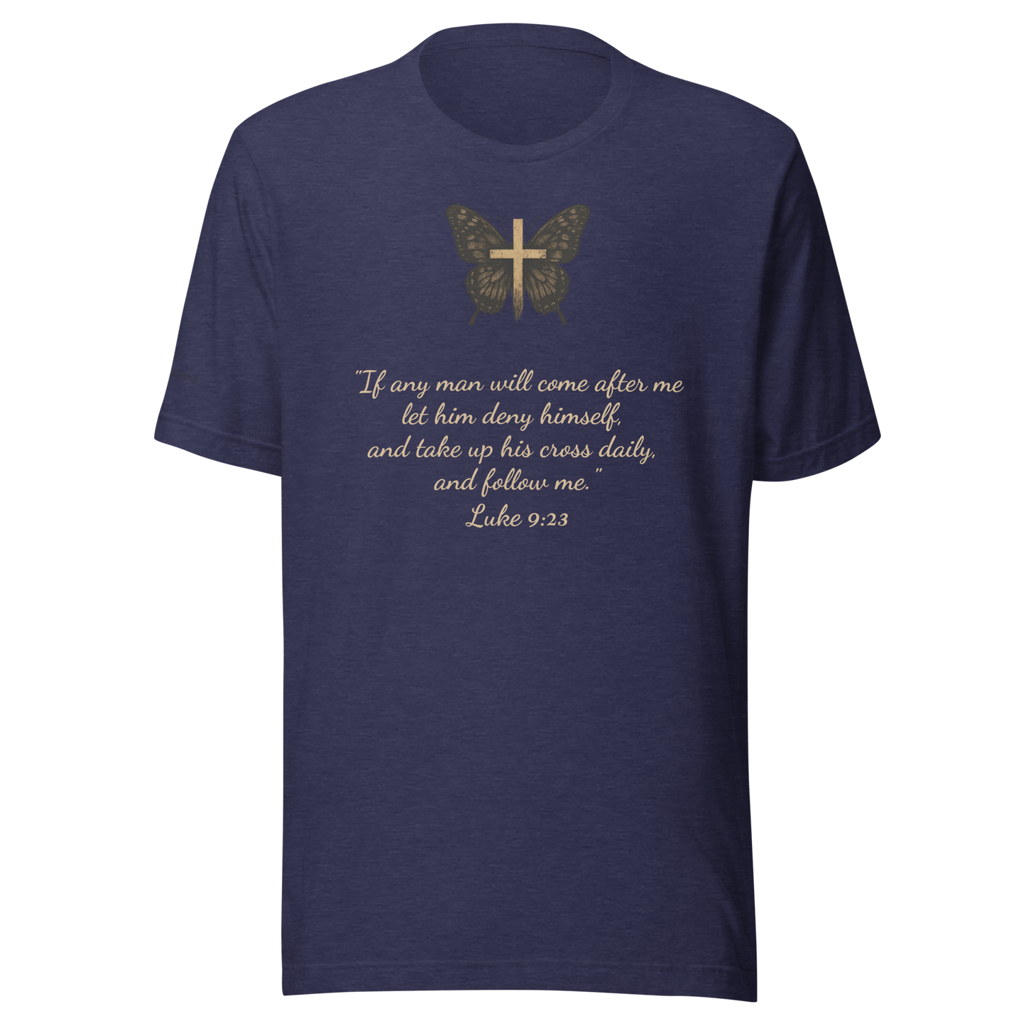 Unisex T-Shirt with Butterfly Bearing the Cross and a Call to Follow the Savior