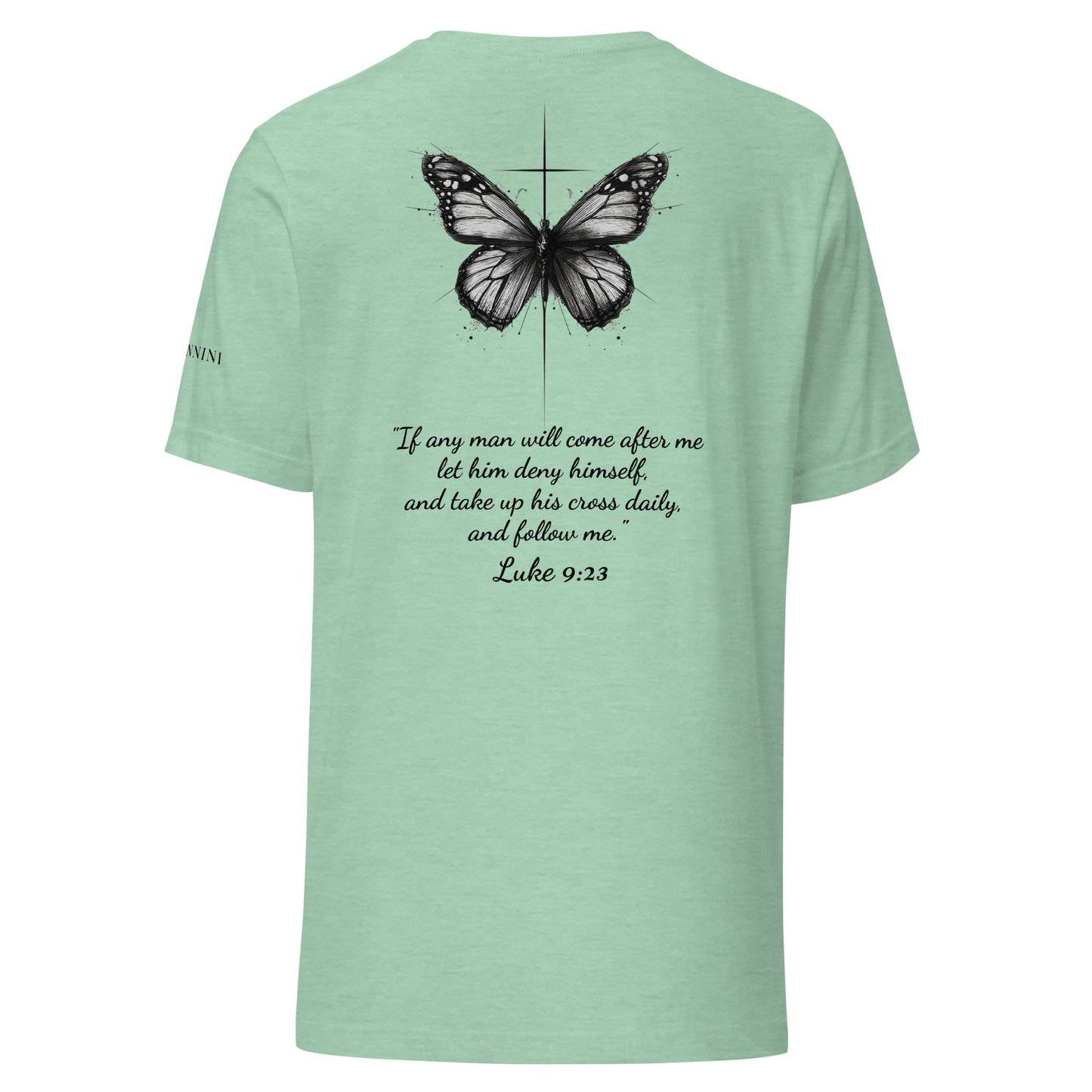 Unisex t-shirt with butterfly and cross in a minimalist artistic style and a scripture verse