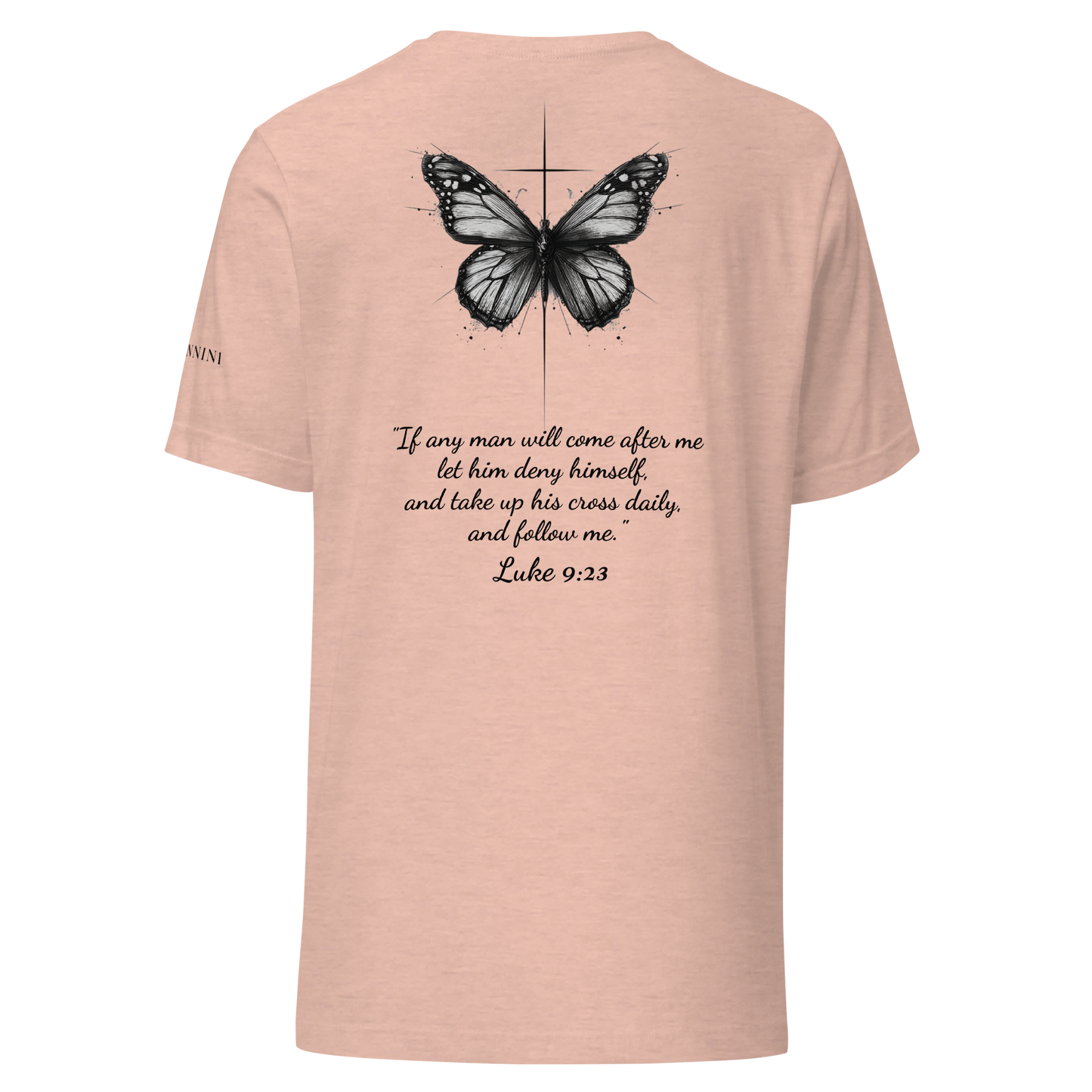 Unisex t-shirt with butterfly and cross in a minimalist artistic style and a scripture verse