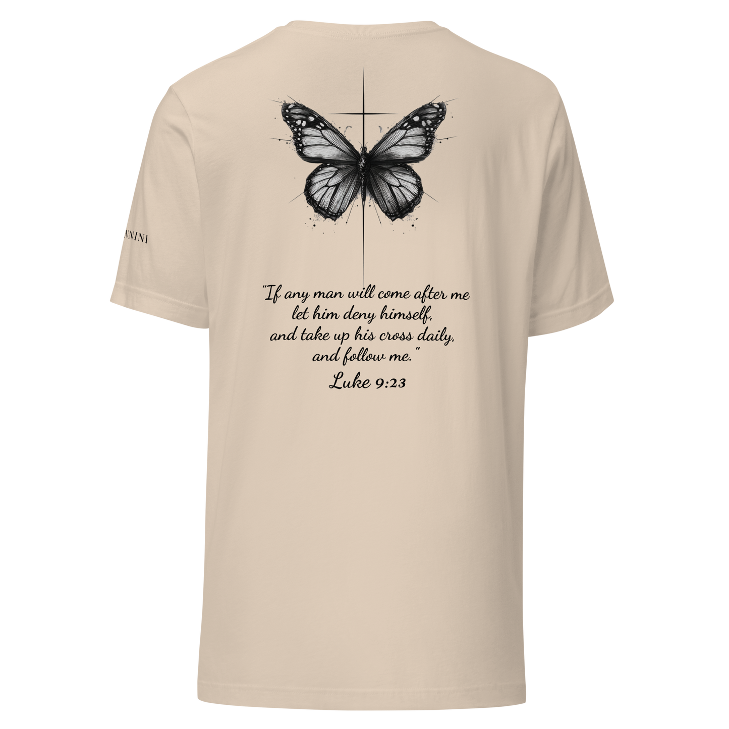 Unisex t-shirt with butterfly and cross in a minimalist artistic style and a scripture verse