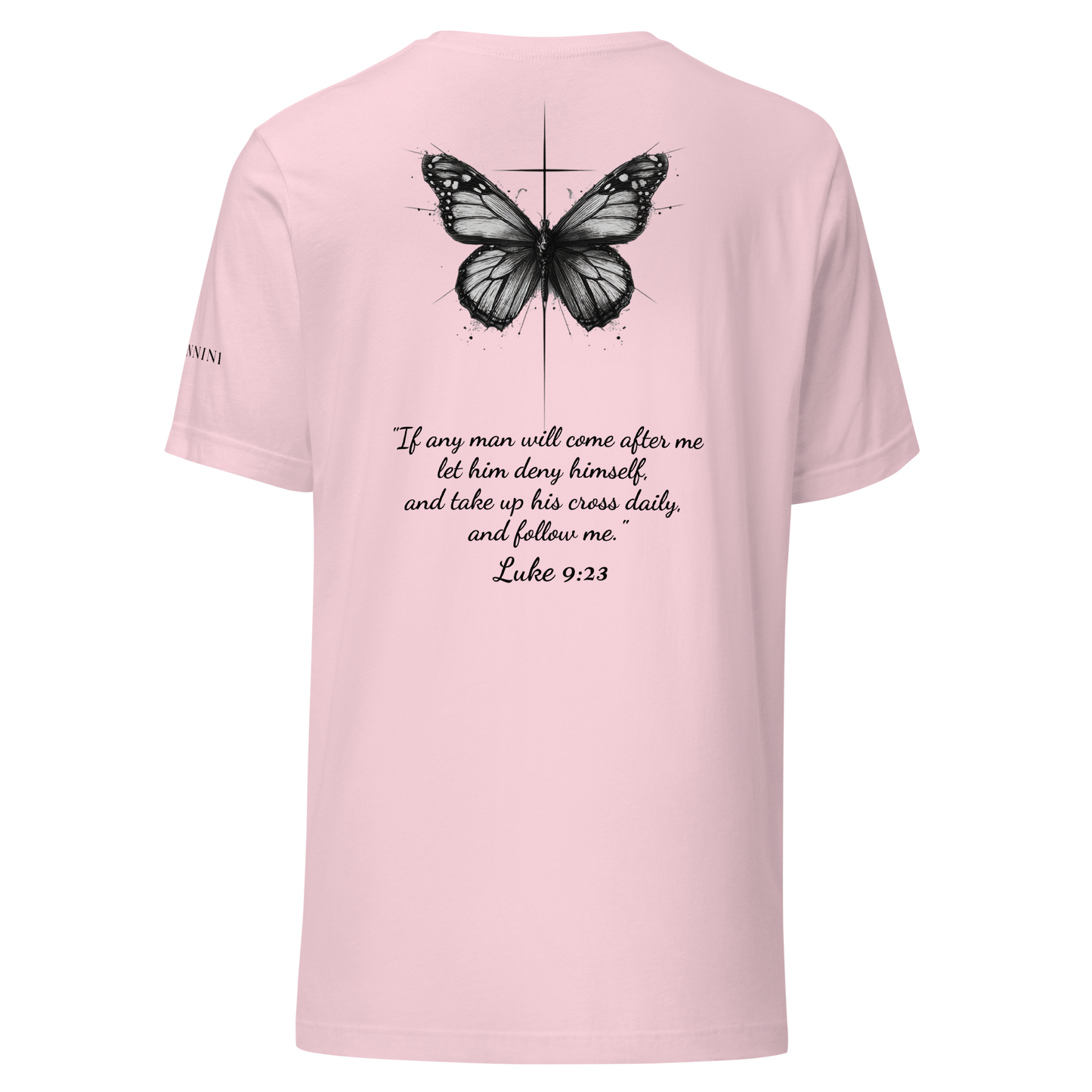 Unisex t-shirt with butterfly and cross in a minimalist artistic style and a scripture verse