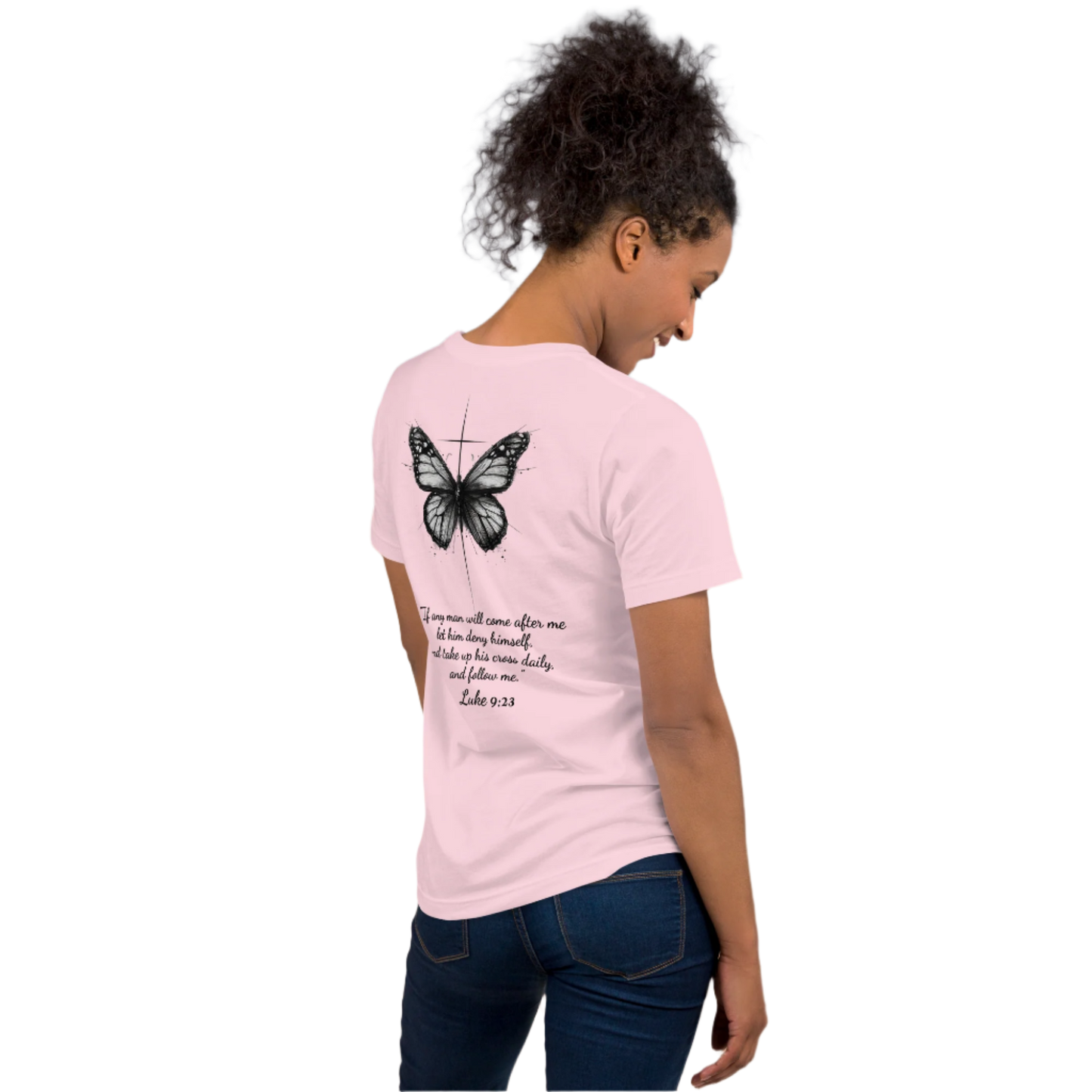 Unisex t-shirt with butterfly and cross in a minimalist artistic style and a scripture verse