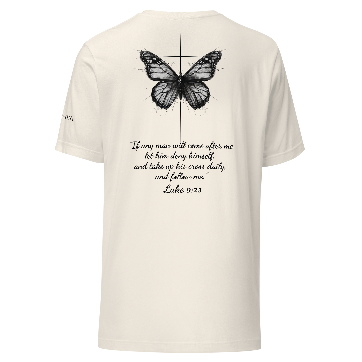 Unisex t-shirt with butterfly and cross in a minimalist artistic style and a scripture verse