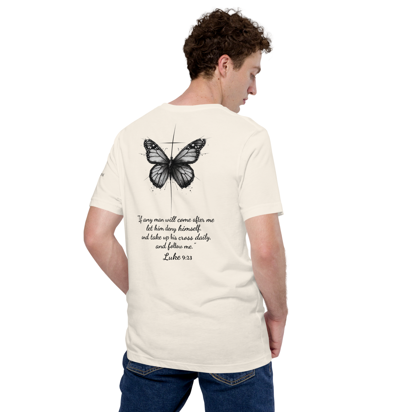 Unisex t-shirt with butterfly and cross in a minimalist artistic style and a scripture verse