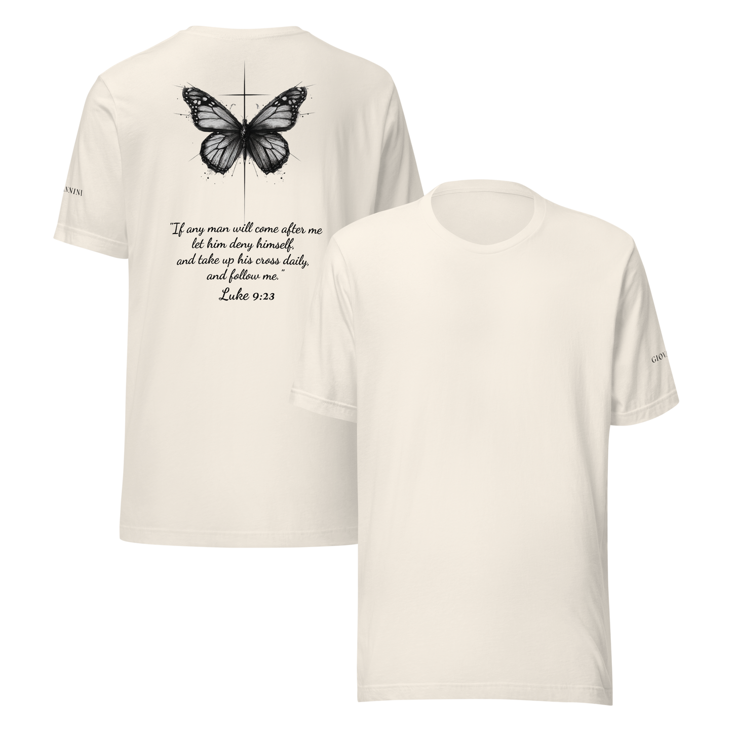 Unisex t-shirt with butterfly and cross in a minimalist artistic style and a scripture verse