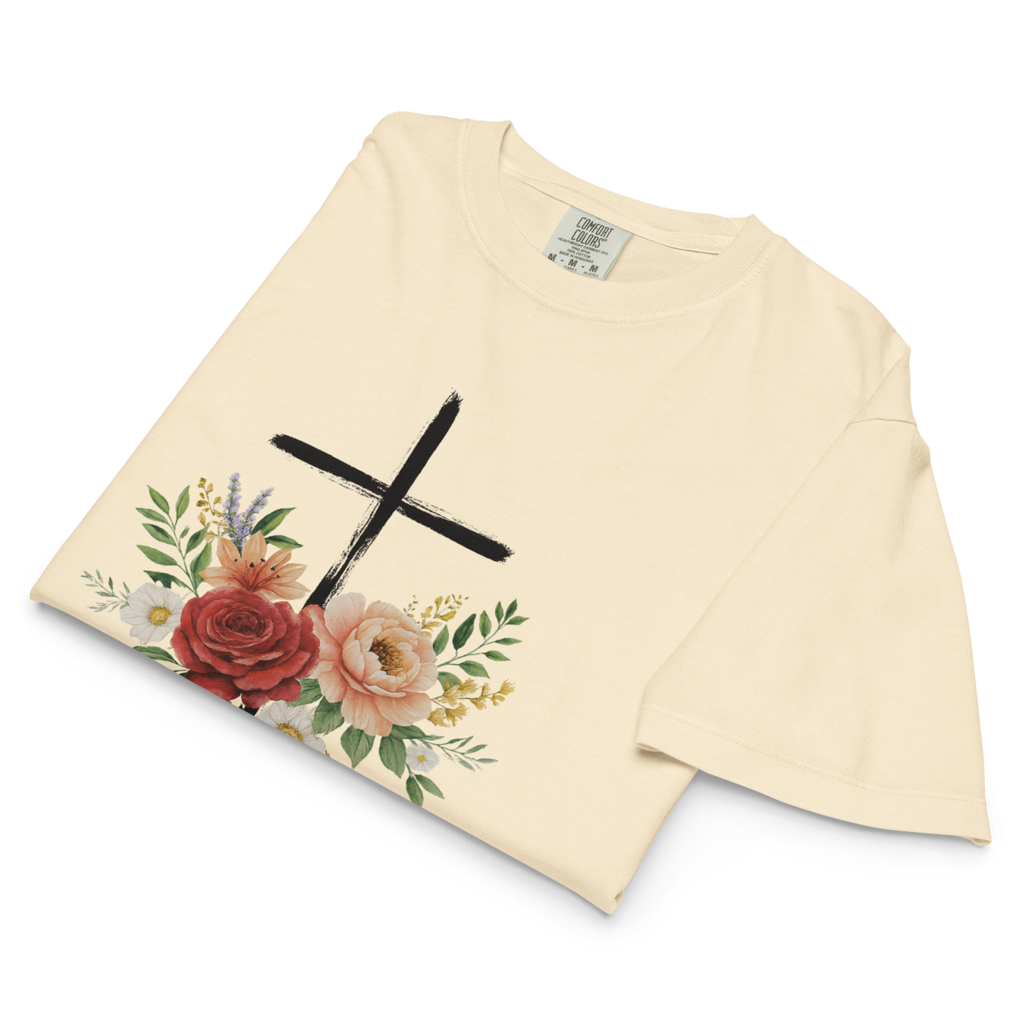 Women’s Heavyweight Boxy Tee with Brushed Cross and Vintage Flowers