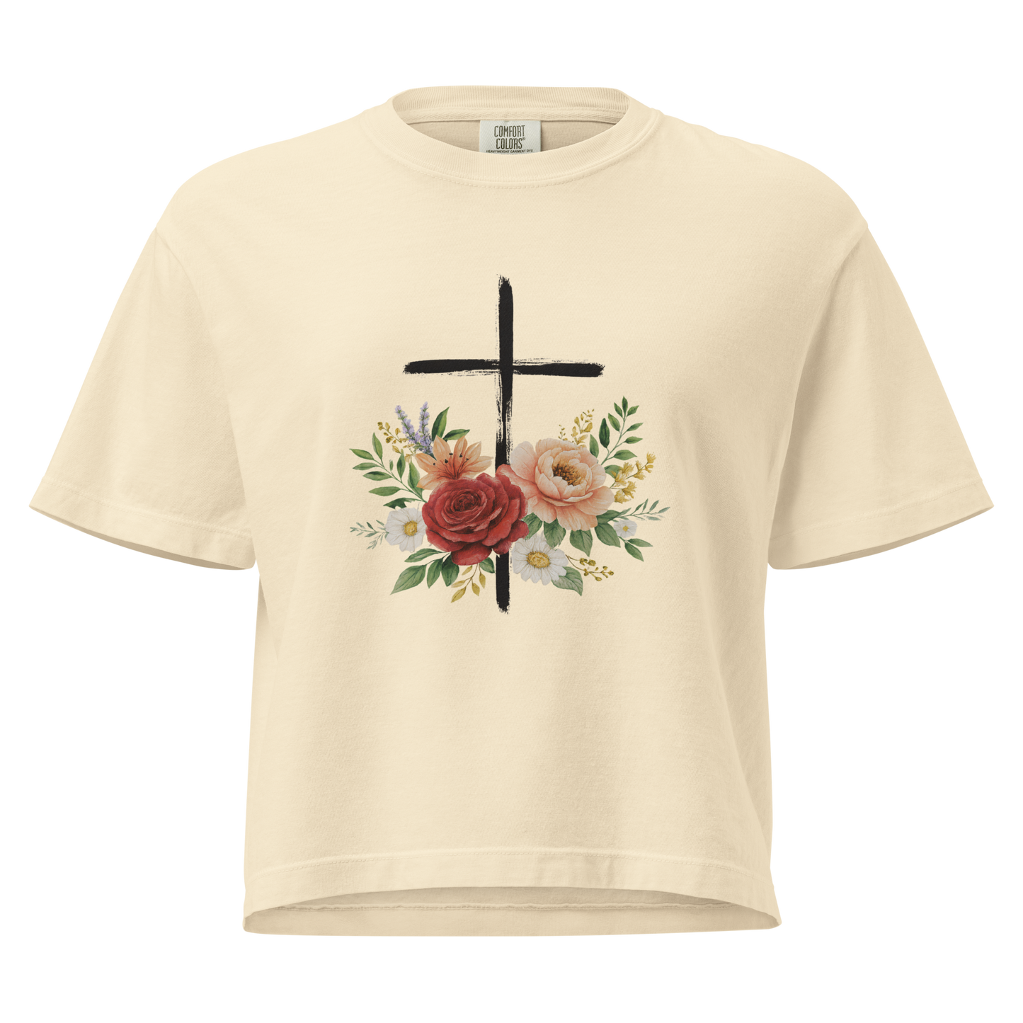 Women’s Heavyweight Boxy Tee with Brushed Cross and Vintage Flowers