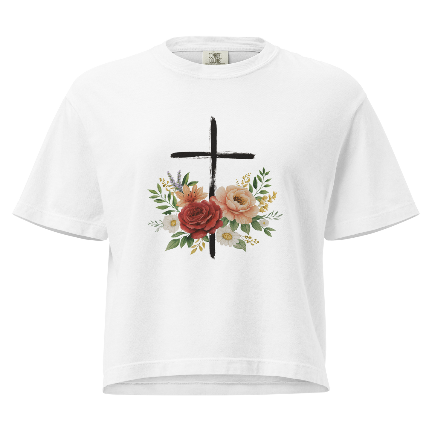 Women’s Heavyweight Boxy Tee with Brushed Cross and Vintage Flowers