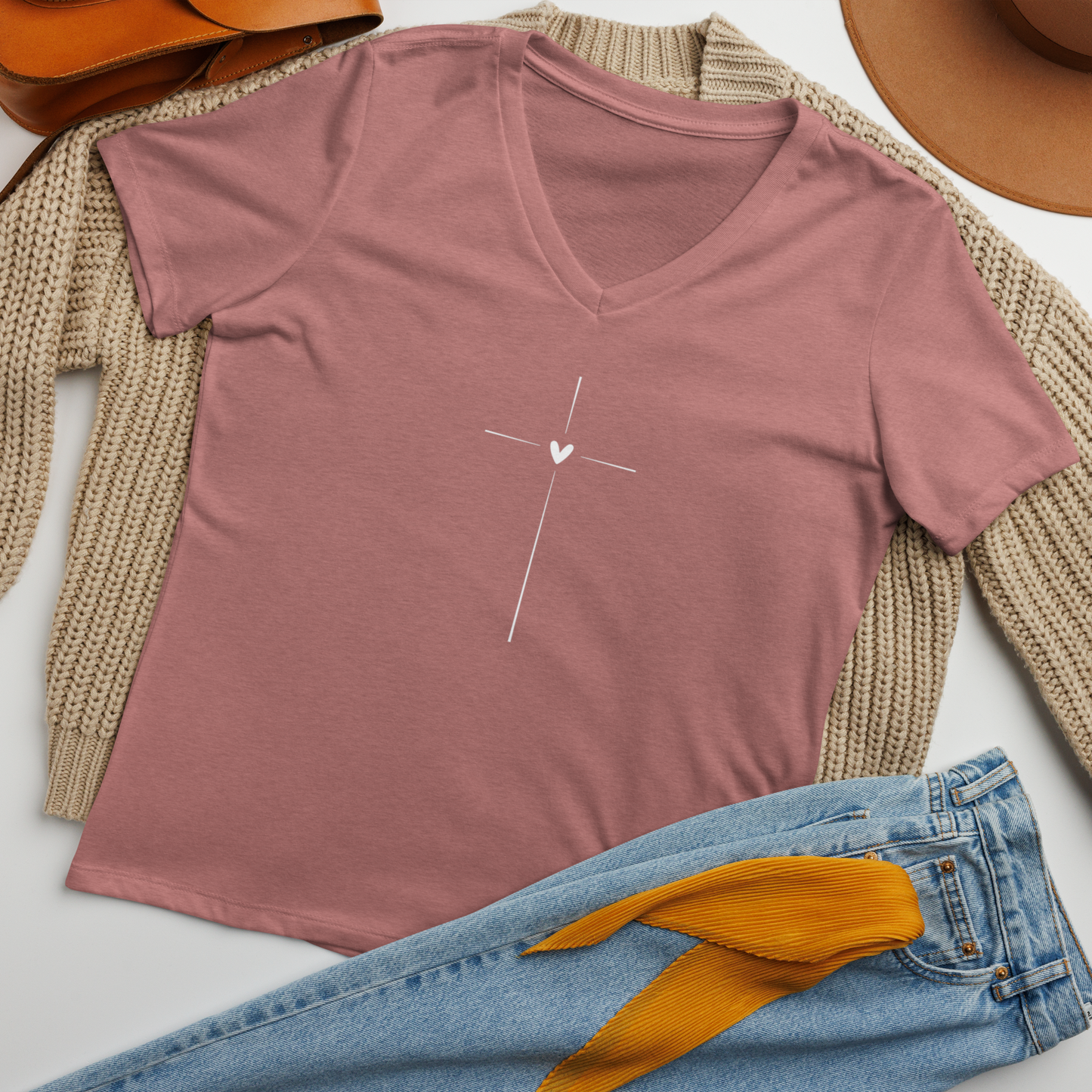 Women's V-Neck T-Shirt with Minimalist Cross & Heart Design