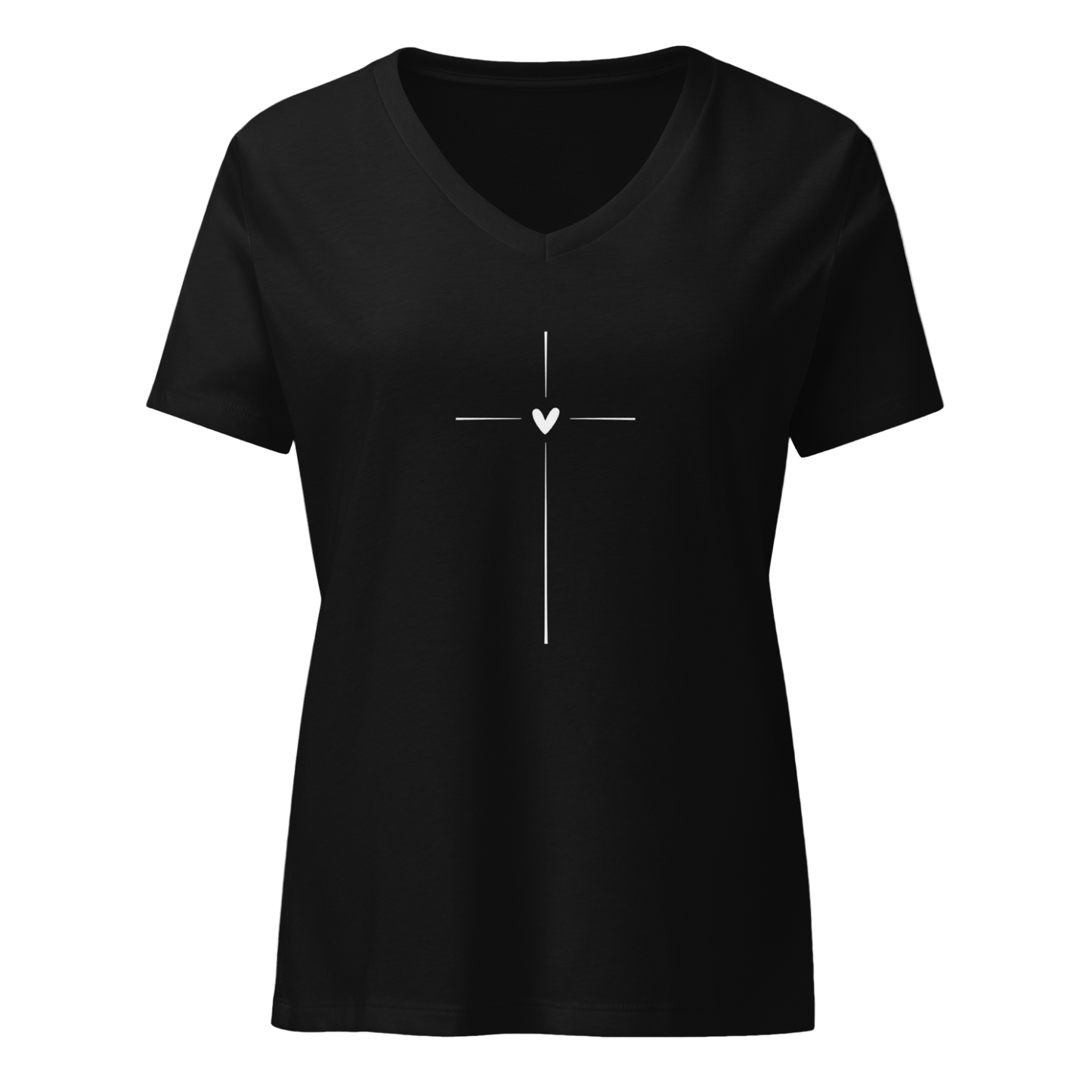 Women's V-Neck T-Shirt with Minimalist Cross & Heart Design
