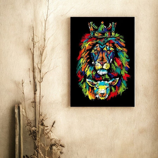 Framed Colorful Lion and Lamb Canvas on Black Background – Christian Wall Art Featuring Jesus, the Lion of Judah and the Lamb of God