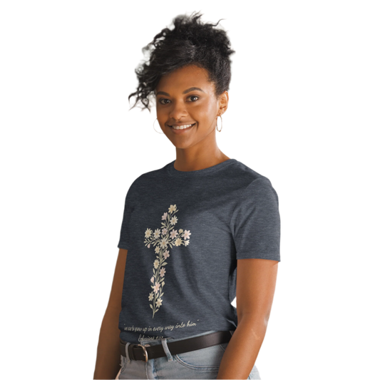 Short-Sleeve Unisex T-Shirt with Floral Cross and Scripture Quote